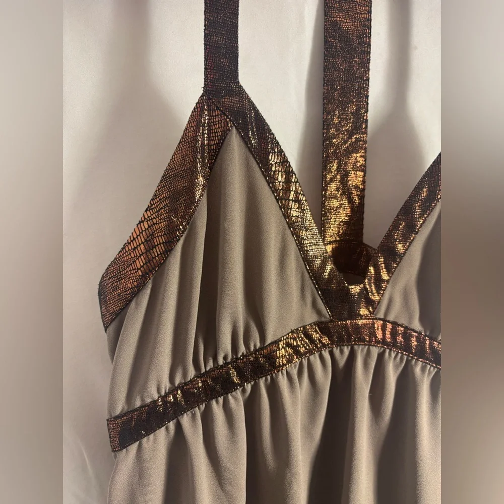 Brown Babydoll Empire Waist Metallic Copper High‎ Lo Boho Mini Dress Size M